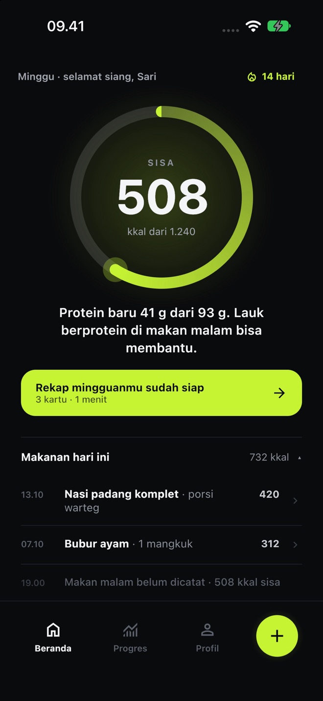 Beranda Pantau Kalori: sisa 508 kkal dari 1.240, makanan hari ini, dan rekap mingguan