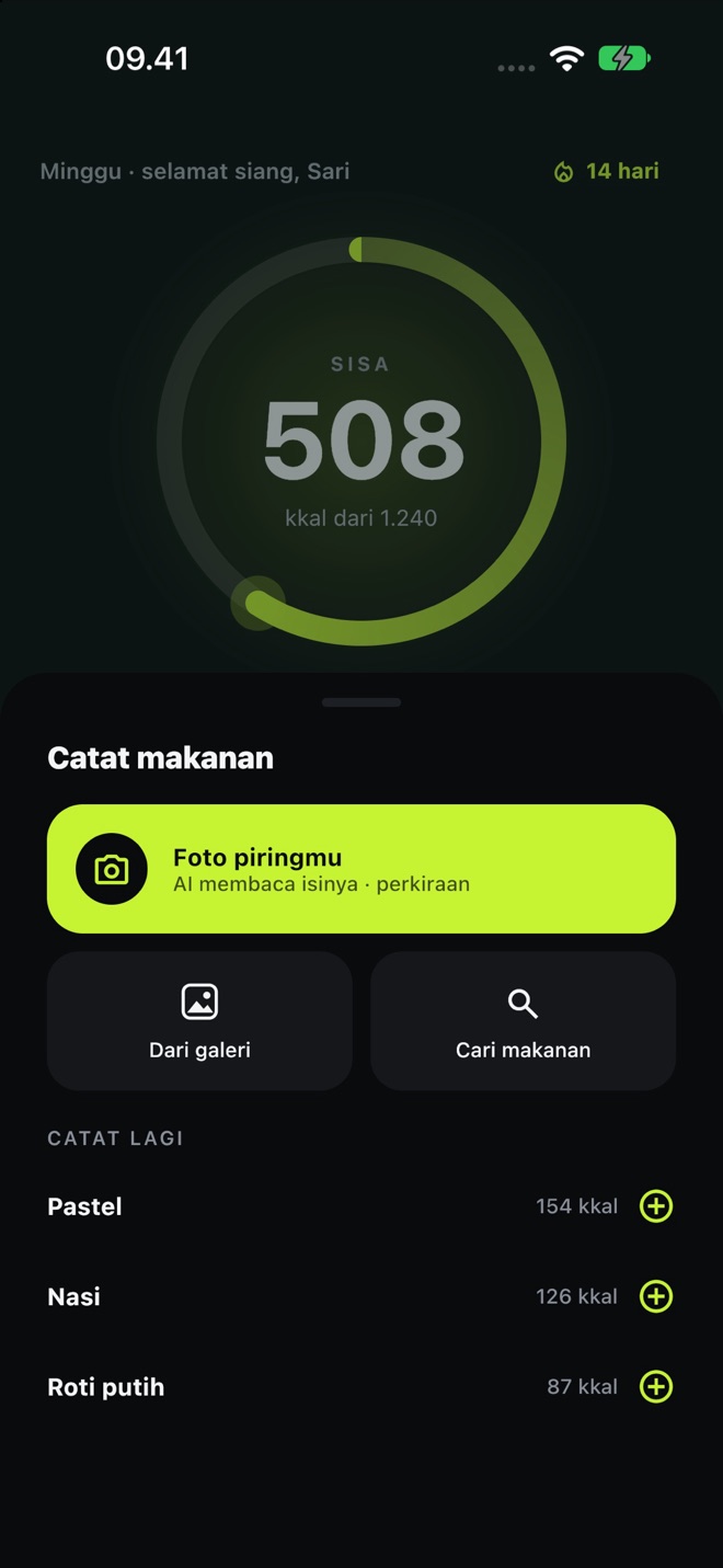 Layar Catat makanan dengan Foto piringmu, Dari galeri, Cari makanan, dan Catat lagi